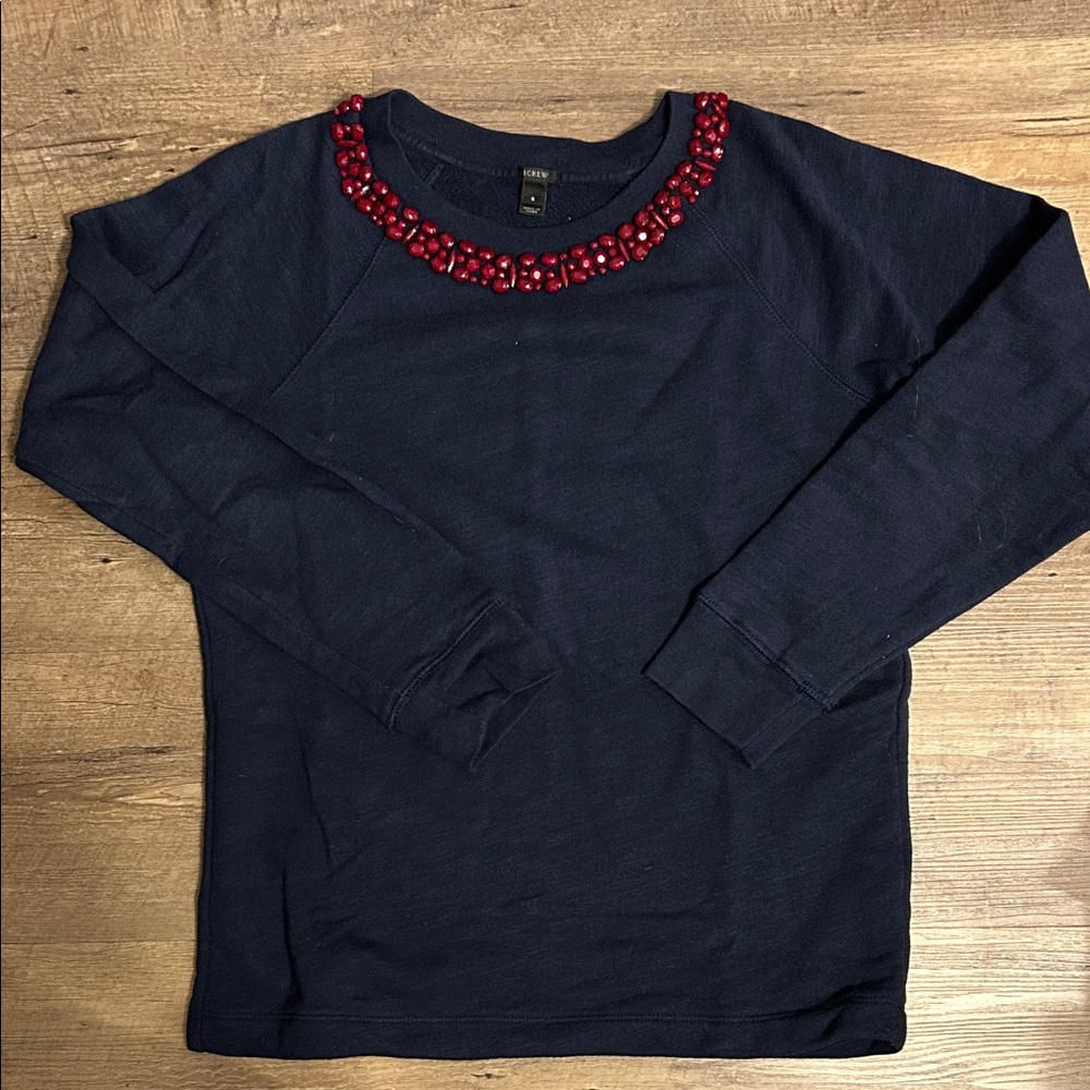 J. Crew Dark Blue Top with Red Beaded Neckline